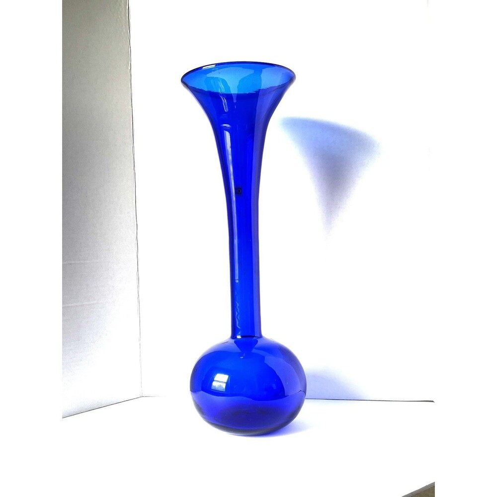 Trumpet Vase Blenko Cobalt Blue Glass Hand Blown 19” MCM Original Label Vintage